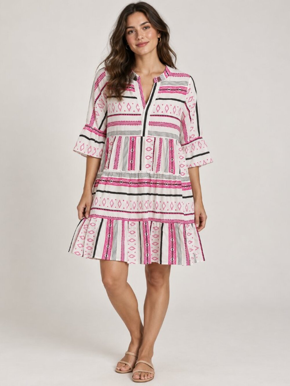 Esmara Pink Black White Geometric Tiered Boho Mini Dress 3/4 Bell Sleeve L